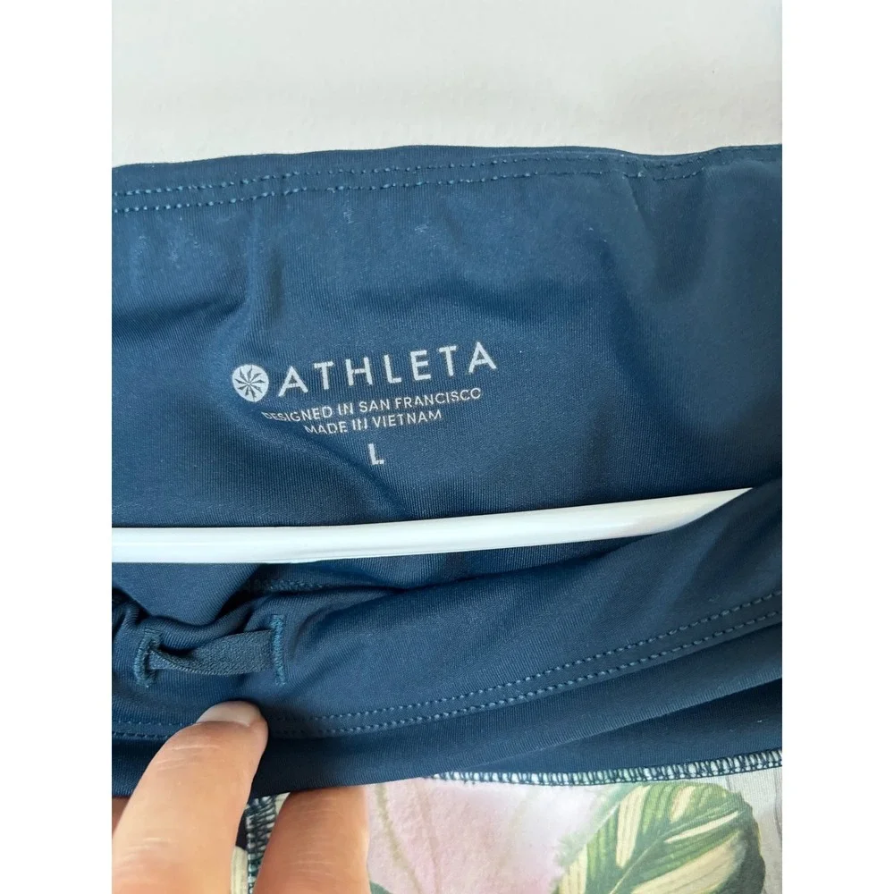 Athleta Womens Tropical Floral Print Leggings Teal Blue Pockets Size L Large
